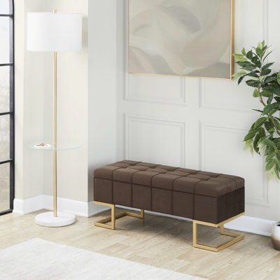 Moderne, pieds en métal doré, velours brun, banc de rangement, revêtement capitonné, couvercle rabattable, siège double, utilisation intérieure seulement, banc contemporain élégant en acier et en velours avec limite de poids de 500 lb