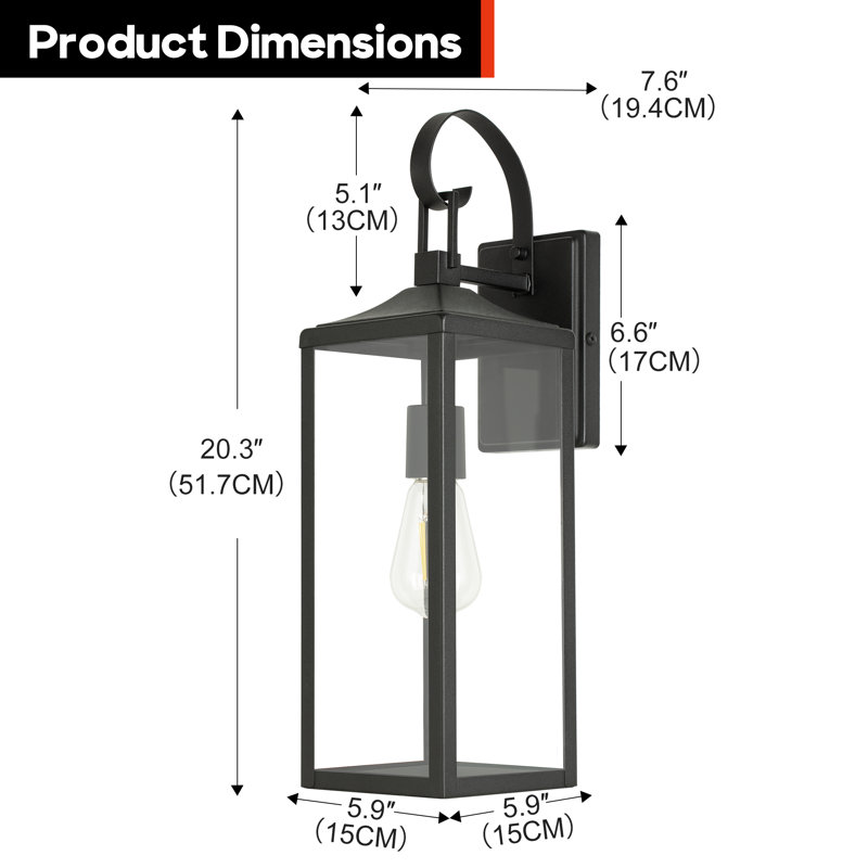 Balos Castle 1-Light 20.5 in. Outdoor Wall Light with Matte Black Finish and Clear glass shade, 20.37"H x 5.92"W x 7.65"D