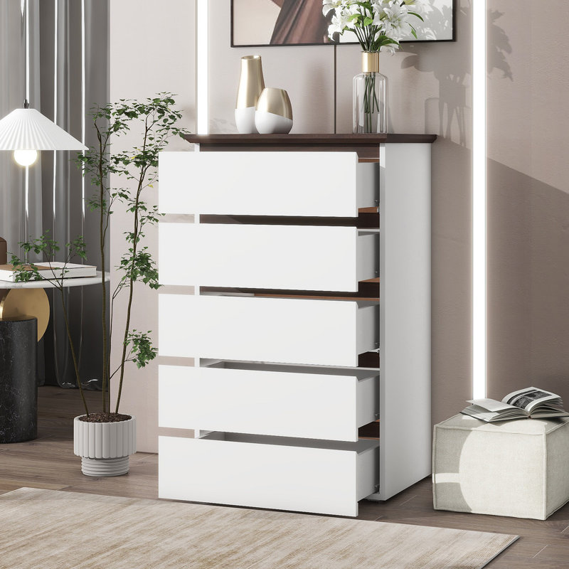 Commode 5 tiroirs pour la chambre à coucher, commode de garde-robe moderne et commode avec rangement couleur noyer