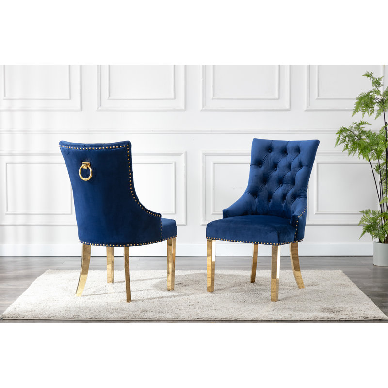 Dillmon Tufted Velvet Dining Chair with Gold Chrome Legs, Blue Velvet