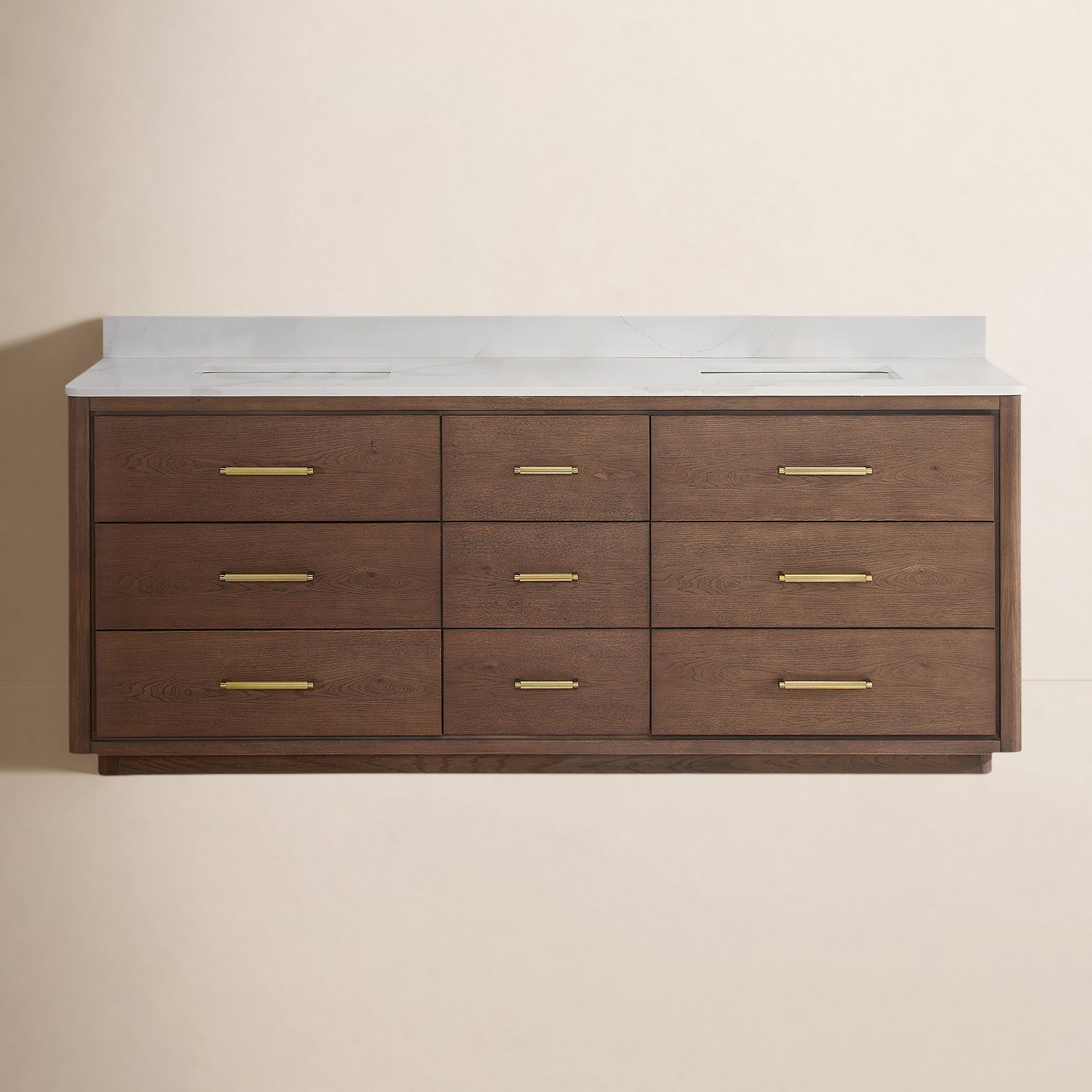 Porto 84'' Double Bathroom Vanity, Dark Brown Oak, Gold