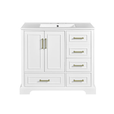 Meuble-lavabo traditionnel 36 po avec lavabo en céramique, armoire de salle de bain avec deux portes à fermeture douce et quatre tiroirs