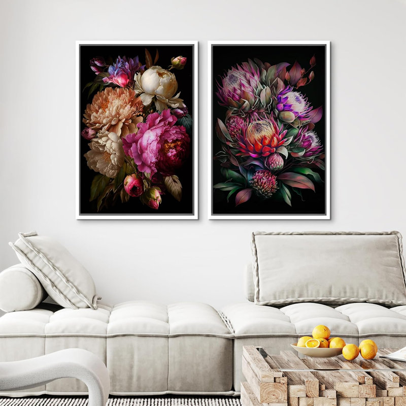 «Flower Blossom Moody Colorful Blossom Flowers Bouquet Floral», reproduction d'art sur toile encadrée 2 pièces, Blanc