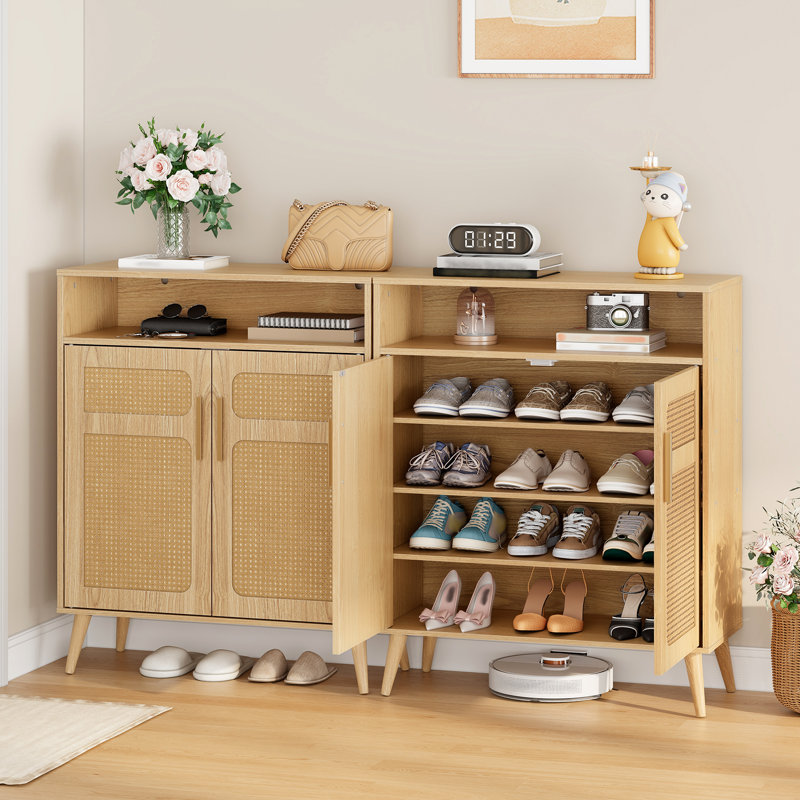 Armoire à chaussures en rotin naturel, armoire à chaussures avec tablettes réglables