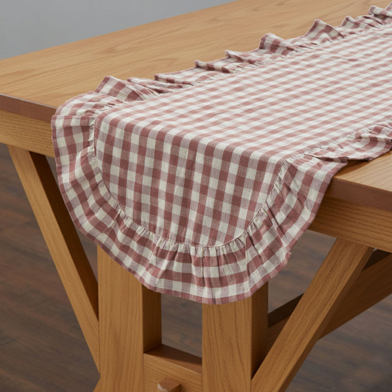 Chemin de table en coton Ã  volants, motif vichy rose poudrÃ©, Rosehill Cottage - 12 x 72 cm, rose et naturel, forme ovale