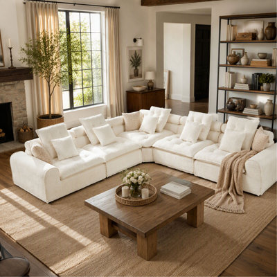 124.3 Inch Fluffy Lamb Wool Sectional Sofa, Oversized Deep Seat L-Shaped Modular Corner Couch, Plush Cloud Comfy Large Combination Sofa with Throw Pillows for Living Room
