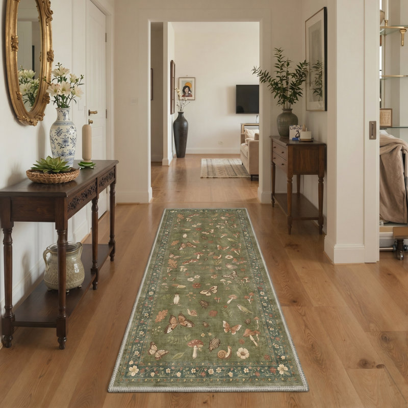 Woodhaven Rustic Machine Washable Green / Beige Indoor Area Rug with Non-Slip Backing, Runner 2' x 7'
