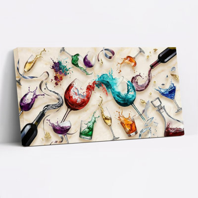 Verre à vin coloré et bouteilles Splash Art, reproduction d'art sur toile tendue sur toile, ensemble de 1