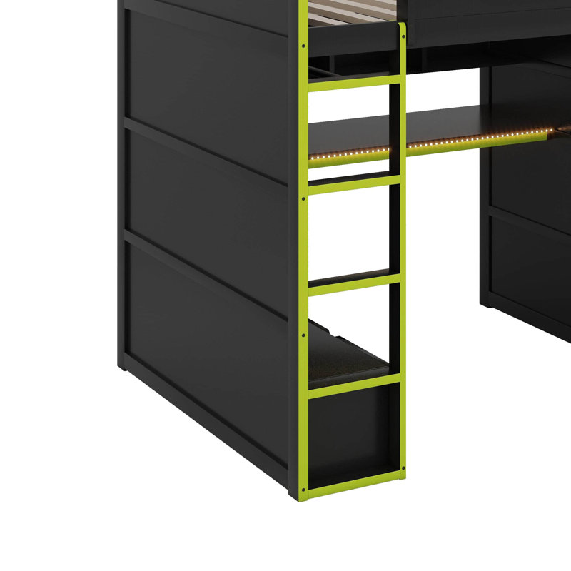 Lit mezzanine double en bois avec bureau, garde-robe et lumière DEL, Vert