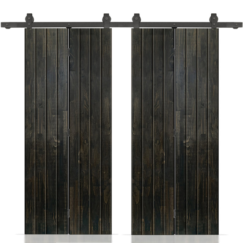 Porte de grange double pliante en bois de pin teinté avec quincaillerie coulissante, Noir anthracite, 44 po x 84 po