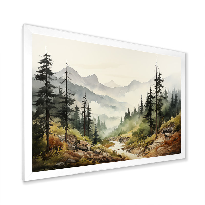 «Mountains Whisper Fog Serenity», art mural minimalisme, Cadre simple blanc, H 12 po x l 20 po x P 1 po