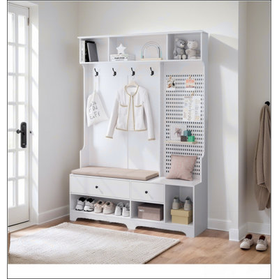 Multi-purpose Hallway Hall Tree with Removable Linen Cushioned Entryway Bench, Coat Rack, Storage Shelves, and DIY Pegboard,for Hallways, Living Room by Red Barrel Studio