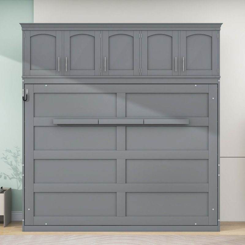 Lit escamotable en bois avec armoires Ludgero, gris, Grand