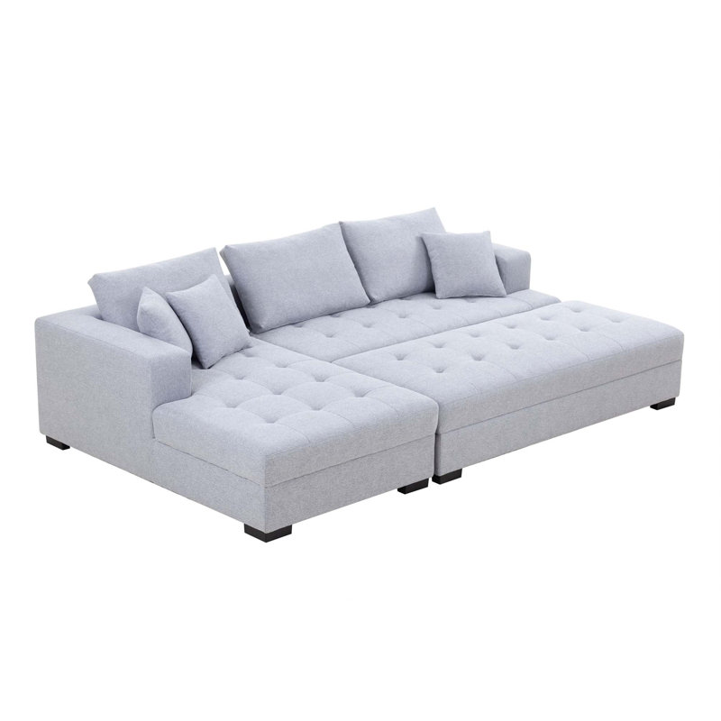 Ensemble de canapé modulaire en L à 3 sièges avec méridienne et banc de table basse avec repose-pieds, Tissu gris pâle