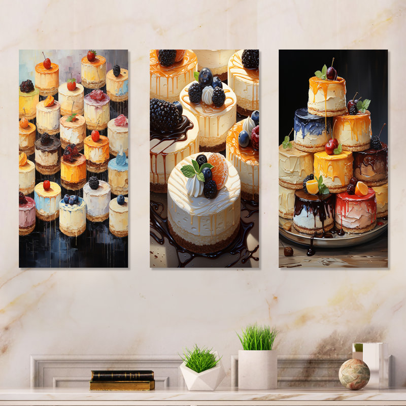 Minimalisme Cheesecakes Dessert - Ensemble de 4 décorations murales de desserts, H 28 po x l 36 po, Toile tendue
