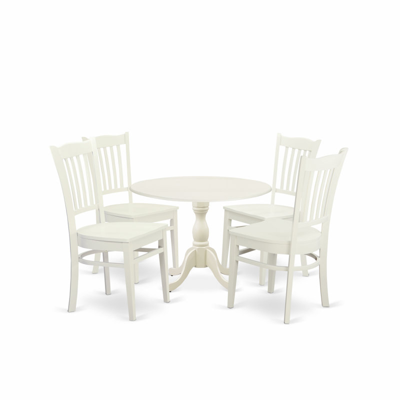 5 Piece Dining Room Furniture Set Includes a Round Kitchen Table with Dropleaf and 4 Dining Chairs, 42x42 Inch, Linen White