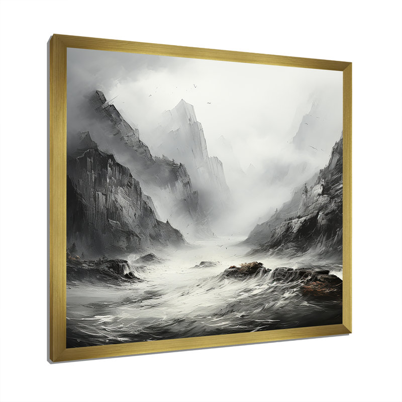 Rivière mystique en noir et blanc, Cadre doré simple, H 16 po x l 16 po x P 1 po