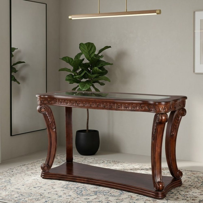 Zosia 48 In. Dark Oak Rectangular Glass Console Table With Scroll Legs And Shelf