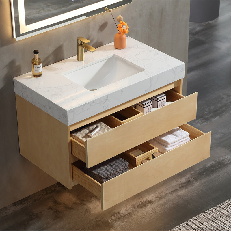 Meuble-lavabo mural simple en bois massif 36 po avec comptoir en pierre et lumière