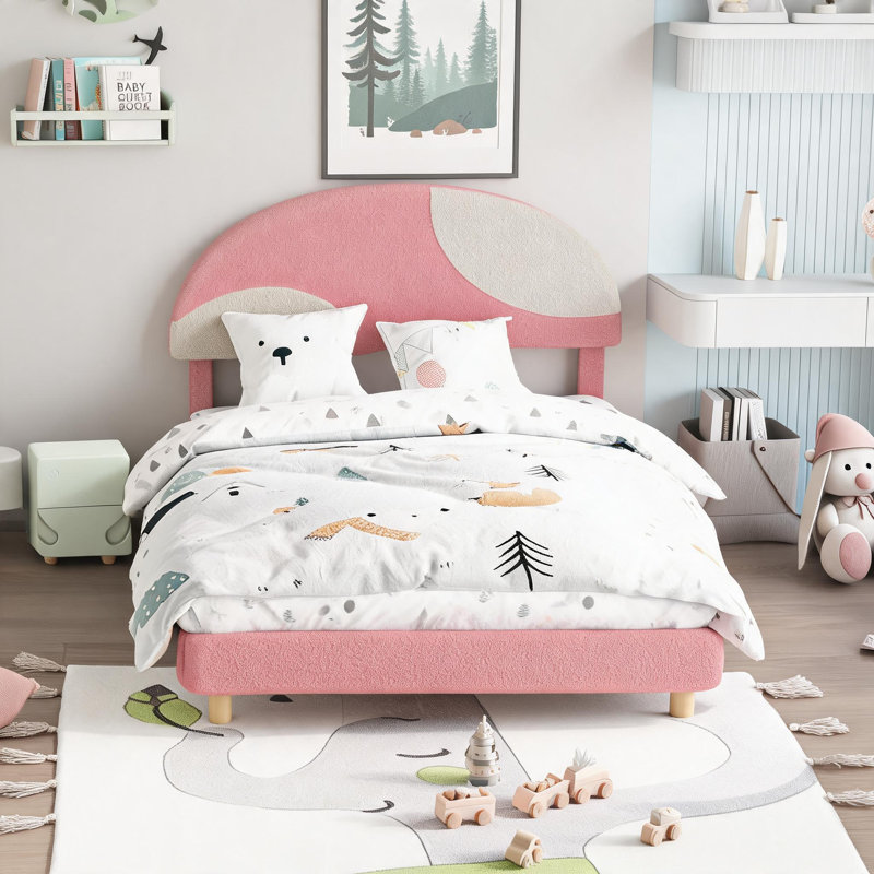Cadre de lit double rembourré Modern - tête de lit Boucle en forme d'arche rose et beige clair - lattes de bois, aucun sommier nécessaire - rose avec couleur beige clair