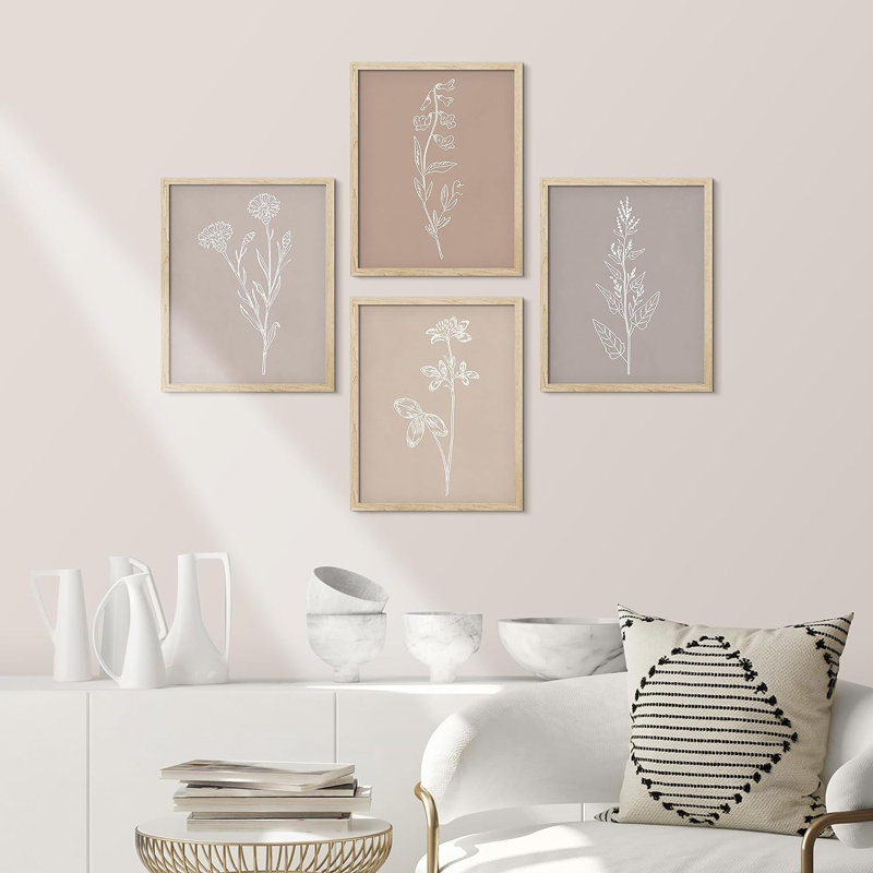 «Wildflower», dessin de silhouettes encadrées, 4 pièces, H 16 po x l 12 po x P 1 po, Encadré naturel
