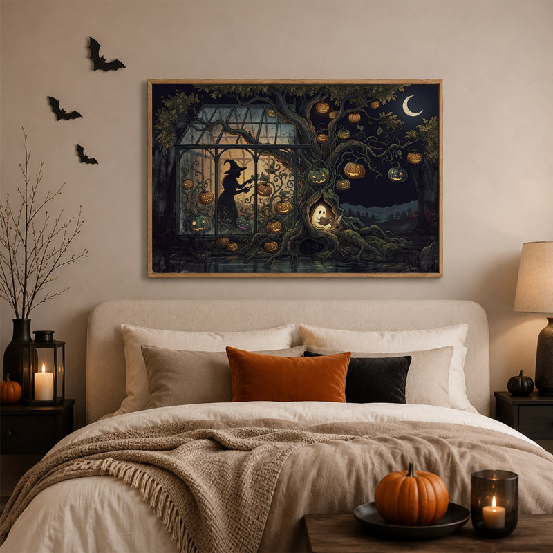 «Witch Silhouette and Ghost lecture en citrouille», art mural sur toile, H 24 po x l 36 po