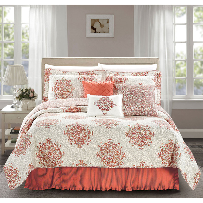 6 Piece Chelsea Printed Microfiber Quilt Set, Queen Coverlet / Bedspread + 5 Additional Pieces, Coral