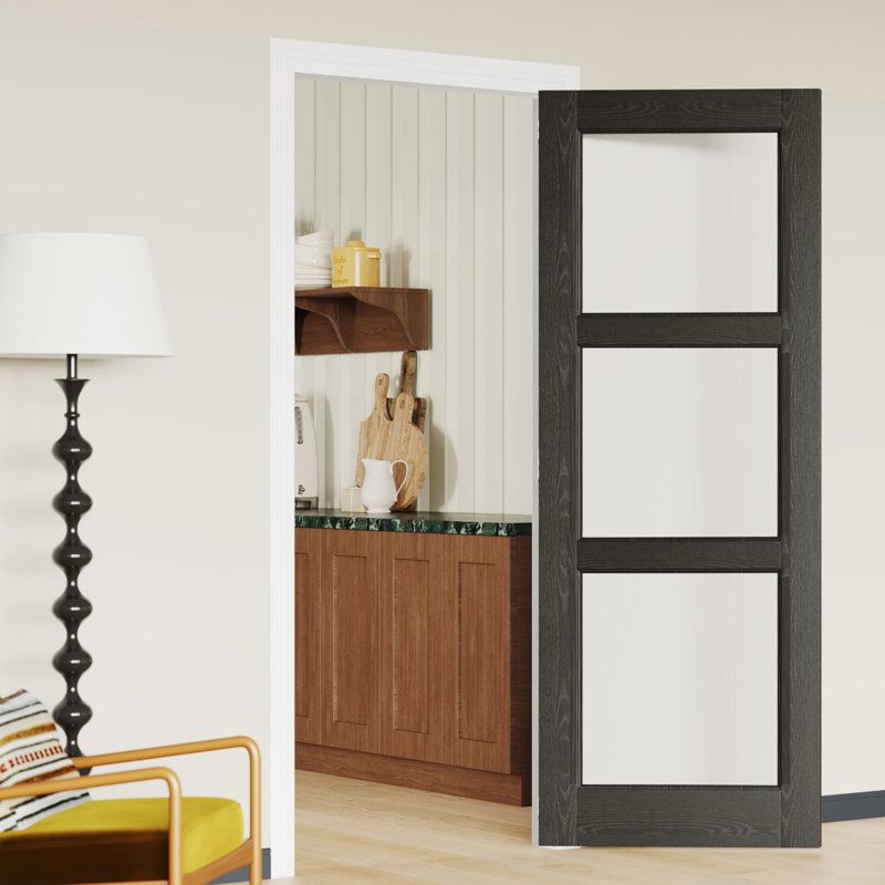 Interior Door Slab with Matching Frame – 3 Lite Clear Glass Black MDF Interior Door for Modern Living Spaces, Right