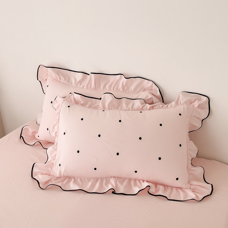 Cute Polka Dot Ruffles Microfiber Duvet Cover Set, Full Duvet Cover + 2 Standard Pillowcases, Pink
