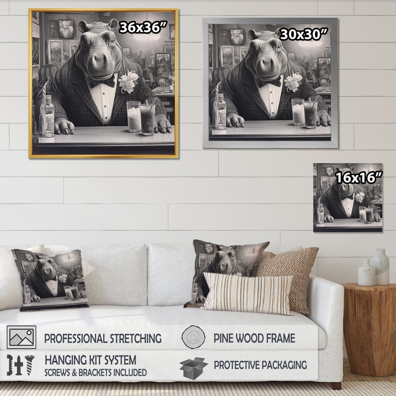 «Rhino Have A Drink II» sur toile, H 16 po x l 16 po x P 1 po, Cadre flottant noir