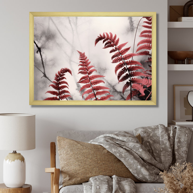 «Red Grey Fern Flowers», impression sur toile, H 30 po x l 40 po x P 1 po, Encadrement doré