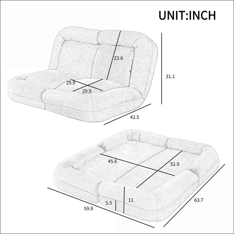 Canapé-lit convertible pliable avec 18 positions réglables | Blanc | Profondeur du siège 63,78, Tissu blanc