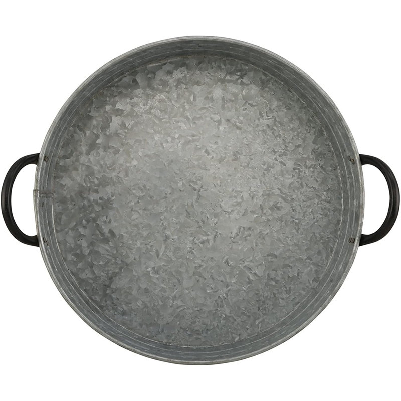 Plateau de service rond en métal avec bande de cuivre et poignées noires, centre de table décoratif de campagne pour table basse ou de salle à manger