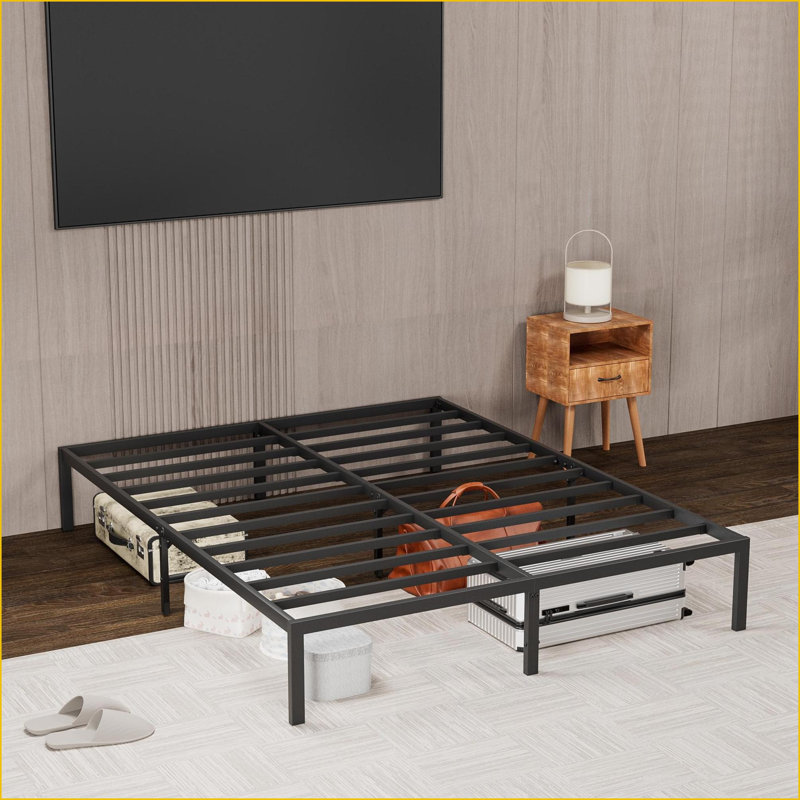 Base de lit plateforme pleine grandeur en métal avec tête de lit en bois - charge de 660 lb, aucun sommier nécessaire, noir pour la chambre à coucher