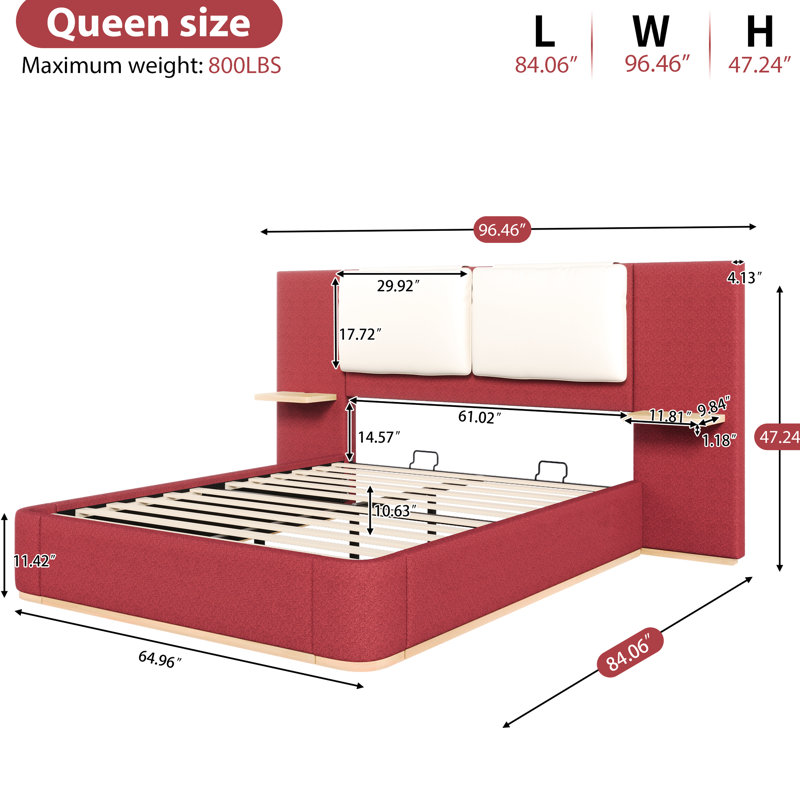 Queen Size Red Upholstered Platform Bed With Soft Rounded Corners, Comfortable Lean, No Box Spring, Side Shelves For Items Panel, Easy Assembly, Stable Structure,