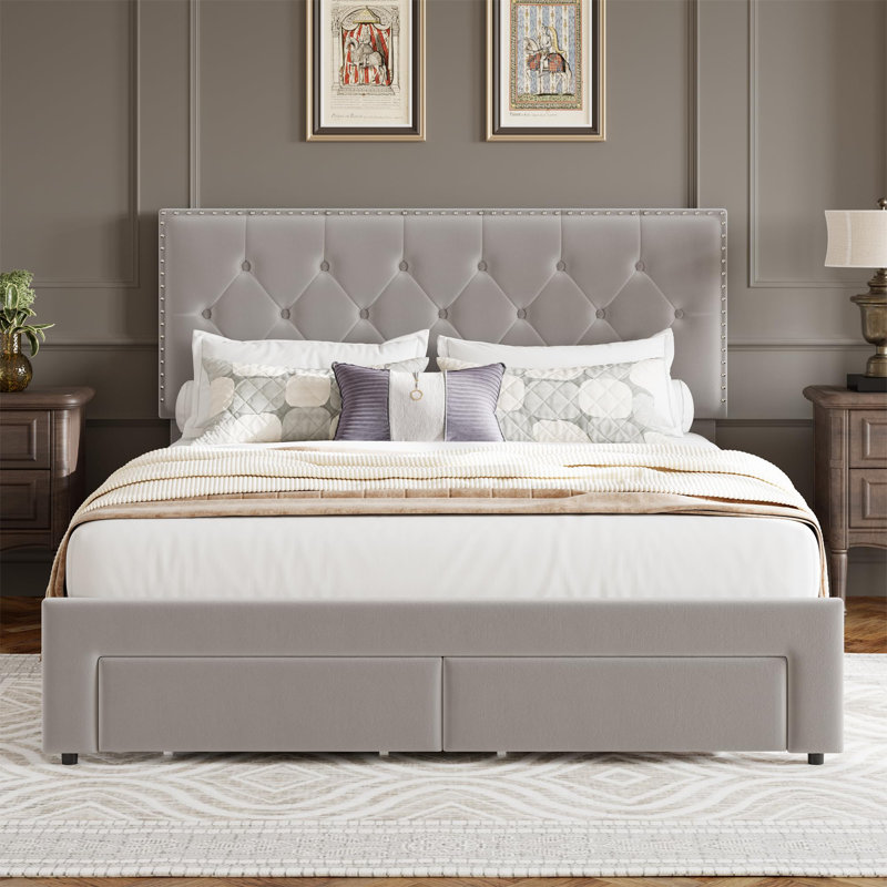 Cadre de lit avec 2 tiroirs de rangement, Beige, Très grand