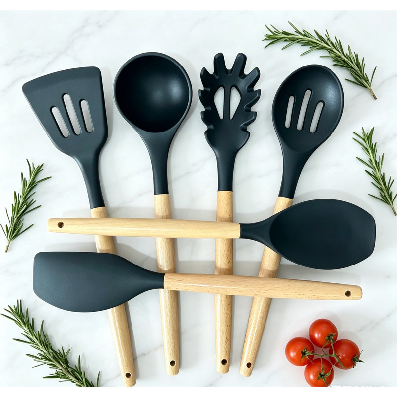 Ensemble d'ustensiles de cuisine en silicone de 6, ensemble d'ustensiles de cuisine avec poignée en bois résistante à la chaleur