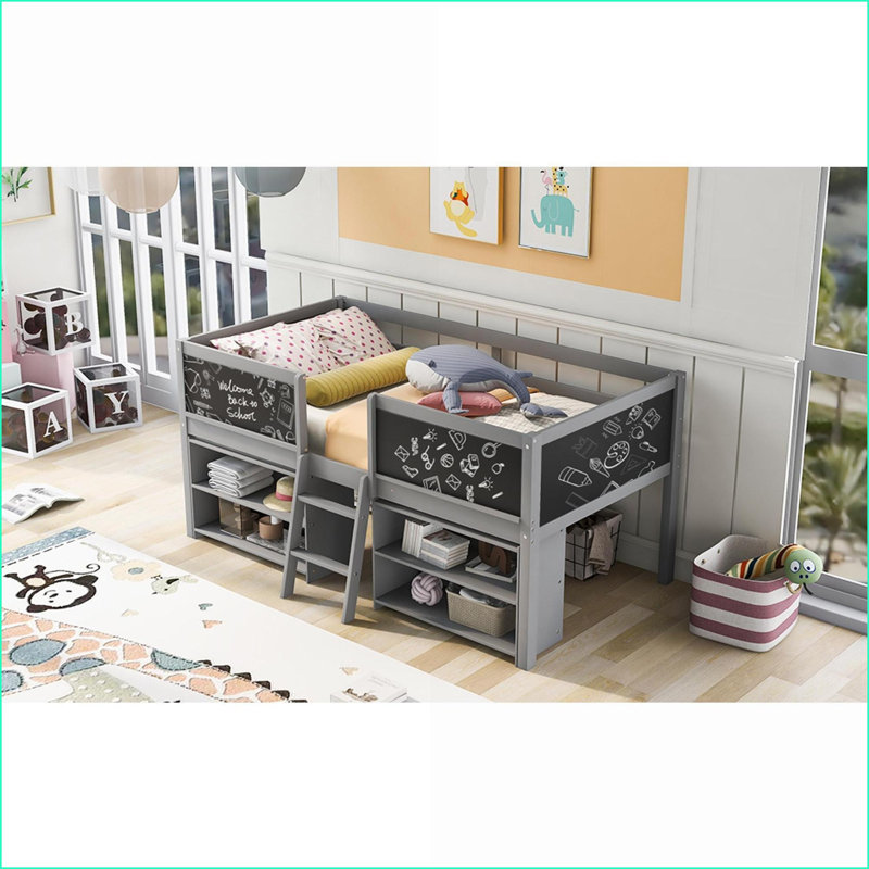 Lit mezzanine simple en pin massif avec tablettes mobiles et amp; Barrière de sécurité pour tableau noir, gris - aucun sommier nécessaire