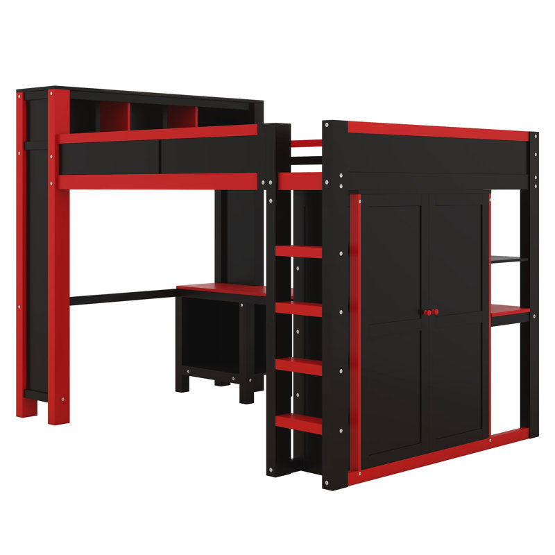 Lit mezzanine avec bureau et garde-robe, tête de lit avec rangement et station de charge, lit mezzanine en bois avec lattes solides et garde-corps