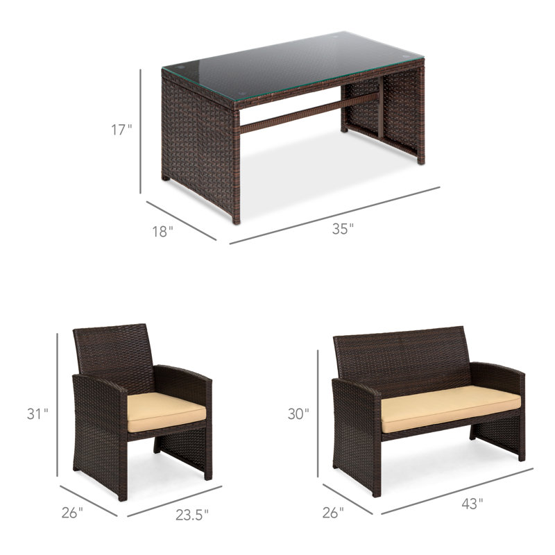 4-Piece Outdoor Wicker Patio Conversation Furniture Set w/ Table, Cushions, Beige/Brown