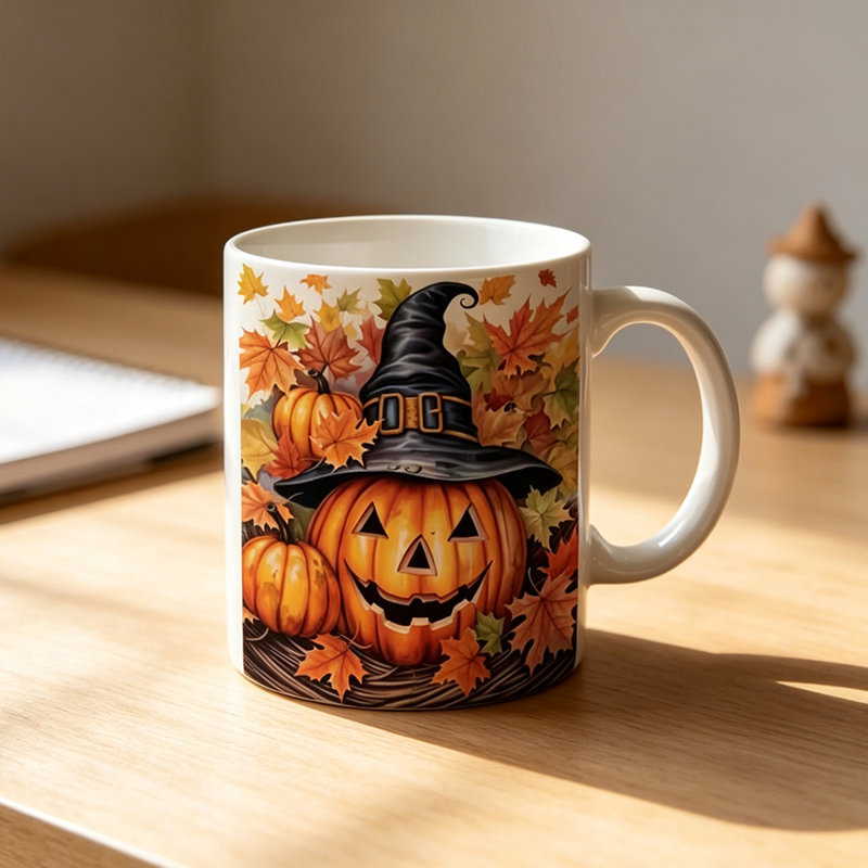 Spooky Halloween Ceramic Mug with Witch Hat & Pumpkin Design Cup Suitable for Home, Parties, Gifts, Autumn Fall Decorations.
