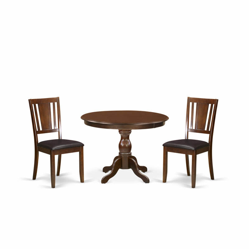 L'ensemble de salle à manger 3 pièces comprend une table de salle à manger ronde avec piédestal et 2 chaises de cuisine en lin, acajou