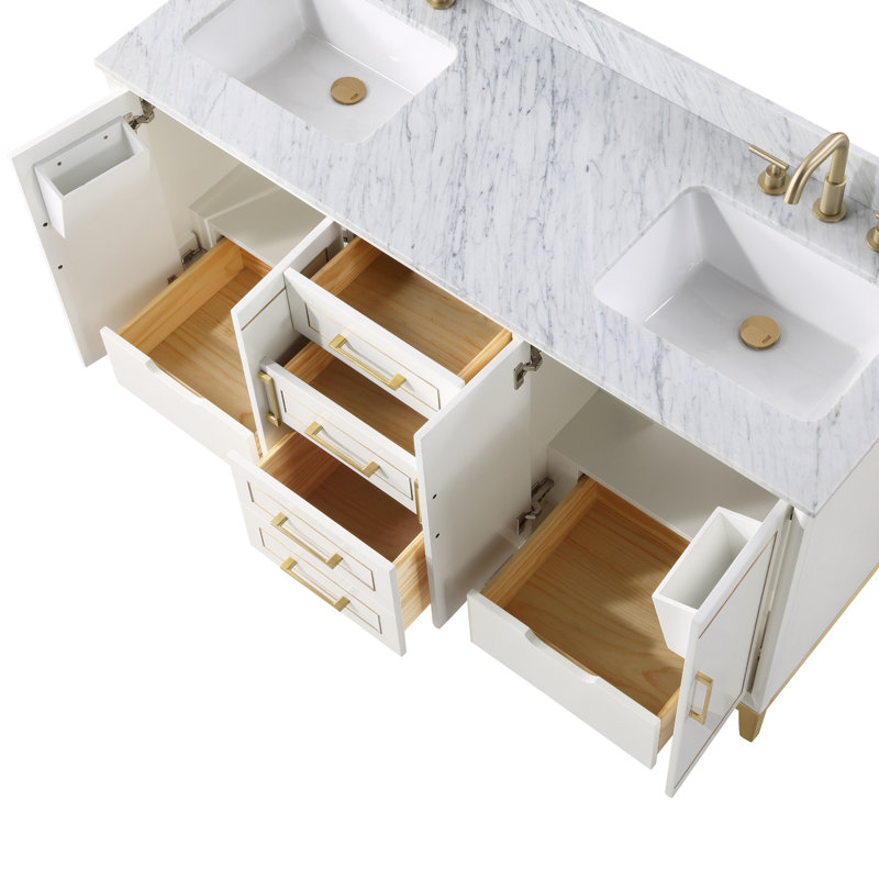 Gracie 60'' Double Bathroom Vanity with Top, Carrara Marble, Satin White (Cream White)