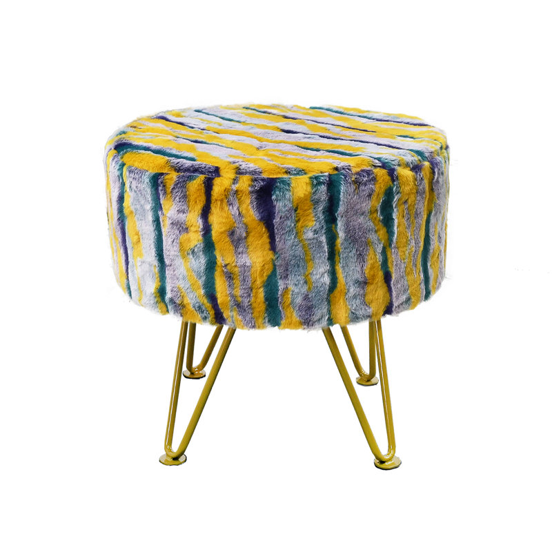 45.7cm Wide Round Abstract Standard Ottoman, Teal Faux Fur