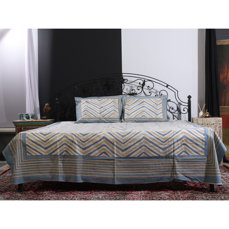 Chevron Stripe Handblock Printed Cotton Queen Size Bedsheet Set – Dove White, Beige & Grey, Modern Artisan Bedding with 2 Pillow Covers