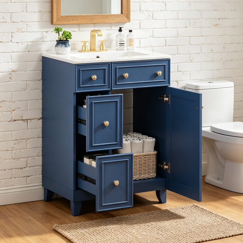Meuble-lavabo de 24 pouces avec lavabo en céramique, 2 tiroirs, 1 porte, conception compacte et durable pour les petites salles de bain