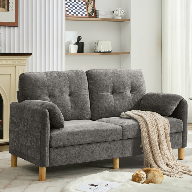 65.4" Chenille Upholstered Loveseat Sofa with Pillow Top Arms, 2 Storage Pockets, Light Gray