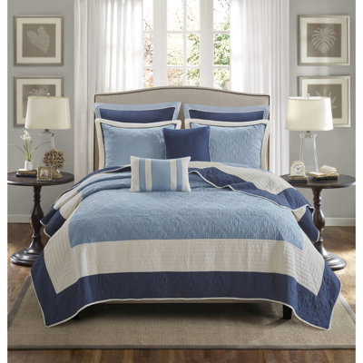 Courtepointe double / grand avec taies décoratives européennes et coussins décoratifs - Bleu marine, style traditionnel, motif de médaillon 7 pièces facile d'entretien, lavable à la machine