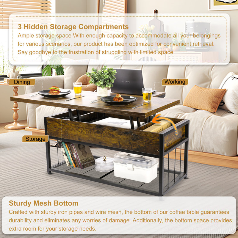 Table basse et cocktail réglable avec trois modes pour vous permettre de basculer entre: bureau multifonctionnel, table de salle à manger pliante, bureau à domicile et bureau d'étude, grand espace de rangement, matériau métallique durable et robuste