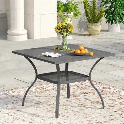 Jayc Square Steel Outdoor Dining Table with 1.65'' Umbrella Hole, Slatted Tabletop and Storage Space
